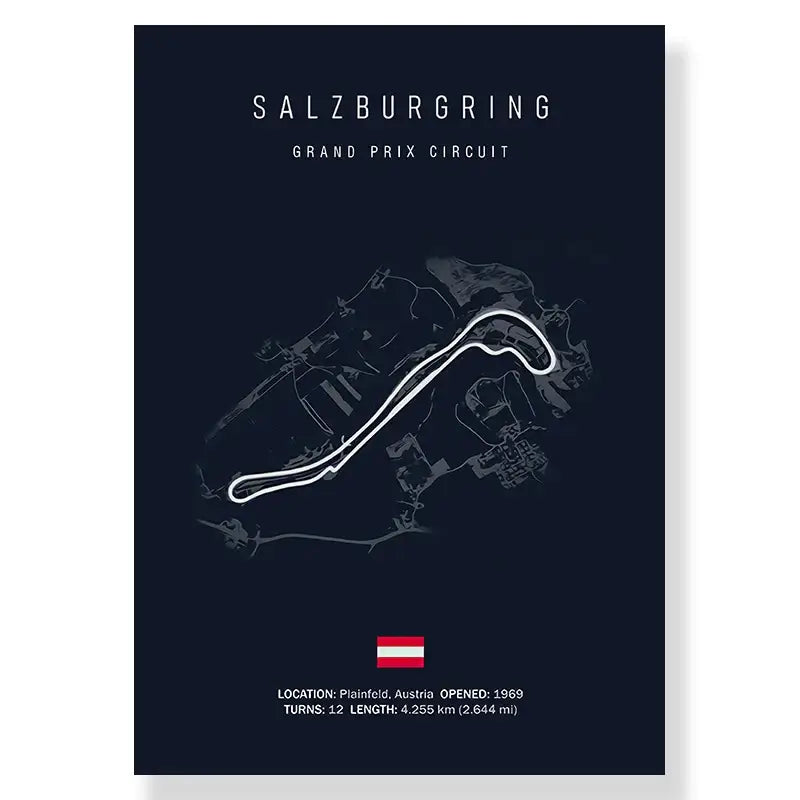 Dark blue decorbites™ salzburgring f1 race track circuit canvas featuring minimalist white line art track circuit canvas