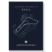 Dark blue DecorBites™ F1 race track circuit canvas featuring white monza track line drawing and Italian flag accents