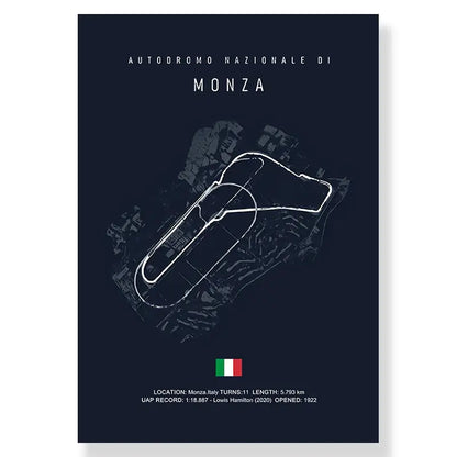 Dark blue DecorBites™ F1 race track circuit canvas featuring white monza track line drawing and Italian flag accents