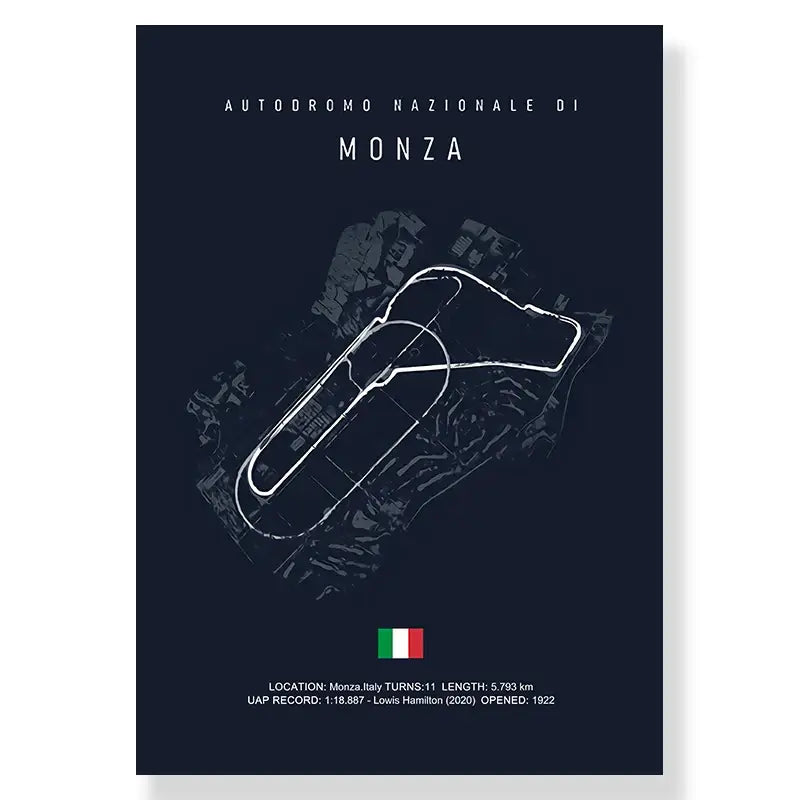 Dark blue DecorBites™ F1 race track circuit canvas featuring white monza track line drawing and Italian flag accents