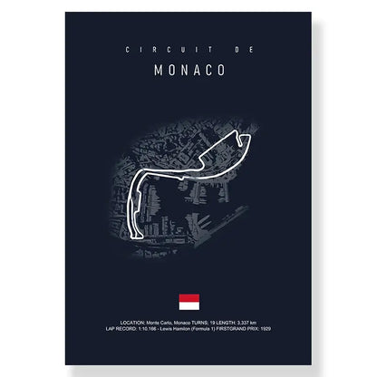 Dark blue DecorBites™ circuit canvas featuring a white monaco track circuit line drawing on grayscale cityscape background