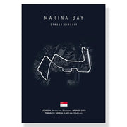 DecorBites™ F1 racing circuit canvas wall art in dark navy features a white marina bay street track circuit and singapore flag