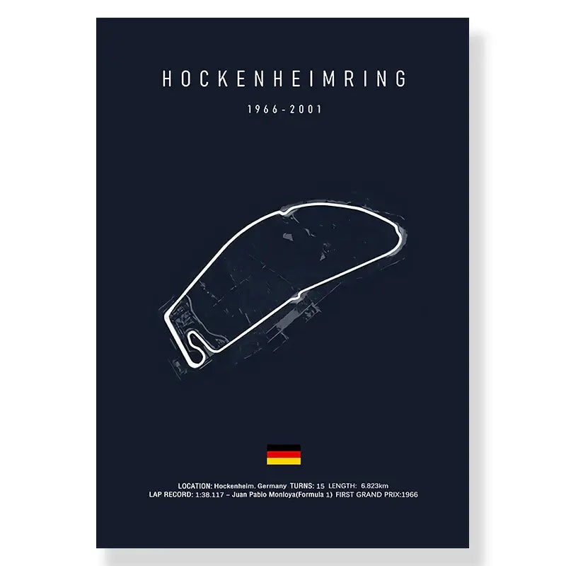 Dark blue racing track canvas featuring a white hockenheimring line drawing with german flag for living room decor