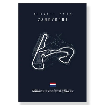 Dark blue decorbites™ f1 racing track canvas art print featuring white line art of zandvoort circuit racing track canvas