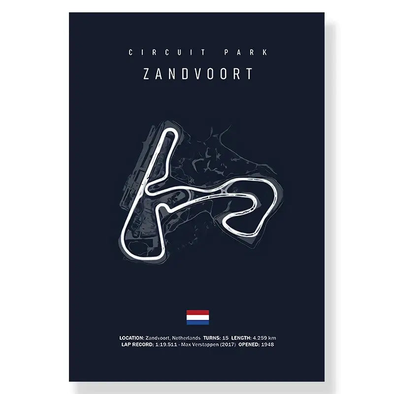 Dark blue decorbites™ f1 racing track canvas art print featuring white line art of zandvoort circuit racing track canvas