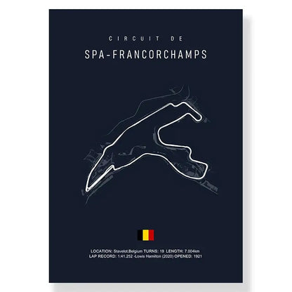 Dark blue decorbites™ f1 racing track canvas art print featuring a white line drawing of spa-francorchamps track
