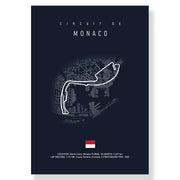 Dark blue monaco racing track canvas art print with white line drawing over grayscale cityscape by decorbites
