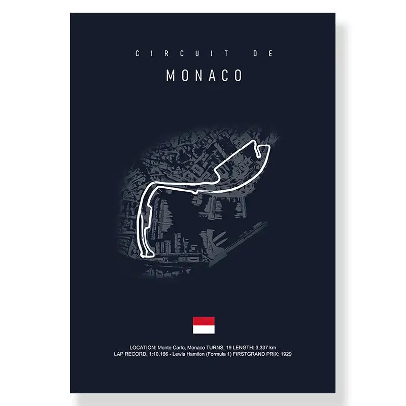 Dark blue monaco racing track canvas art print with white line drawing over grayscale cityscape by decorbites