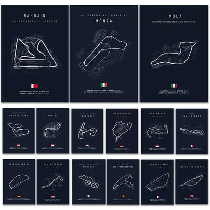 Set of twelve dark navy DecorBites™ F1 racing track canvas art prints with white line art and country flags