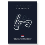 Dark blue circuit canvas painting featuring white line art of zandvoort circuit by decorbites™ f1 track art print