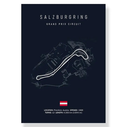 Decorbites™ f1 track circuit canvas painting featuring a minimalist white line salzburgring map on dark blue background