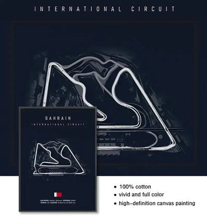 Black canvas track circuit canvas painting featuring white line drawing of the bahrain international circuit layout