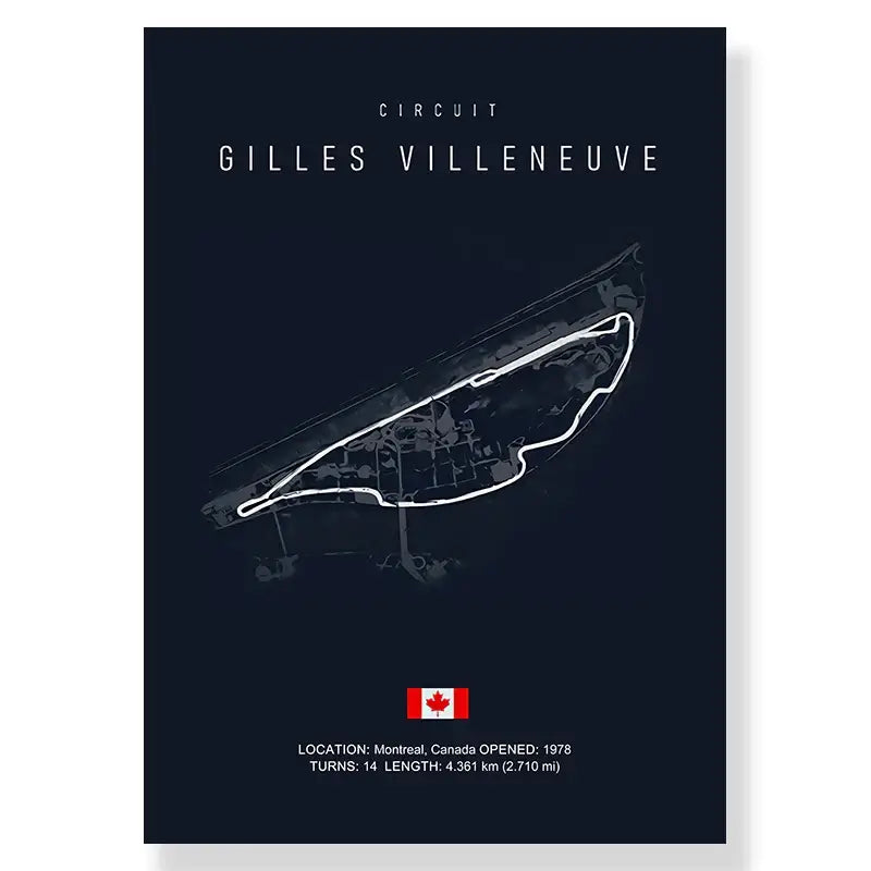 Dark blue decorbites f1 track circuit canvas painting featuring white line drawing of gilles villeneuve circuit layout
