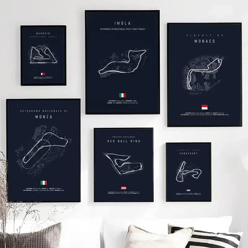 Set of six framed black and white circuit canvas paintings with white line art and national flags for living room decor