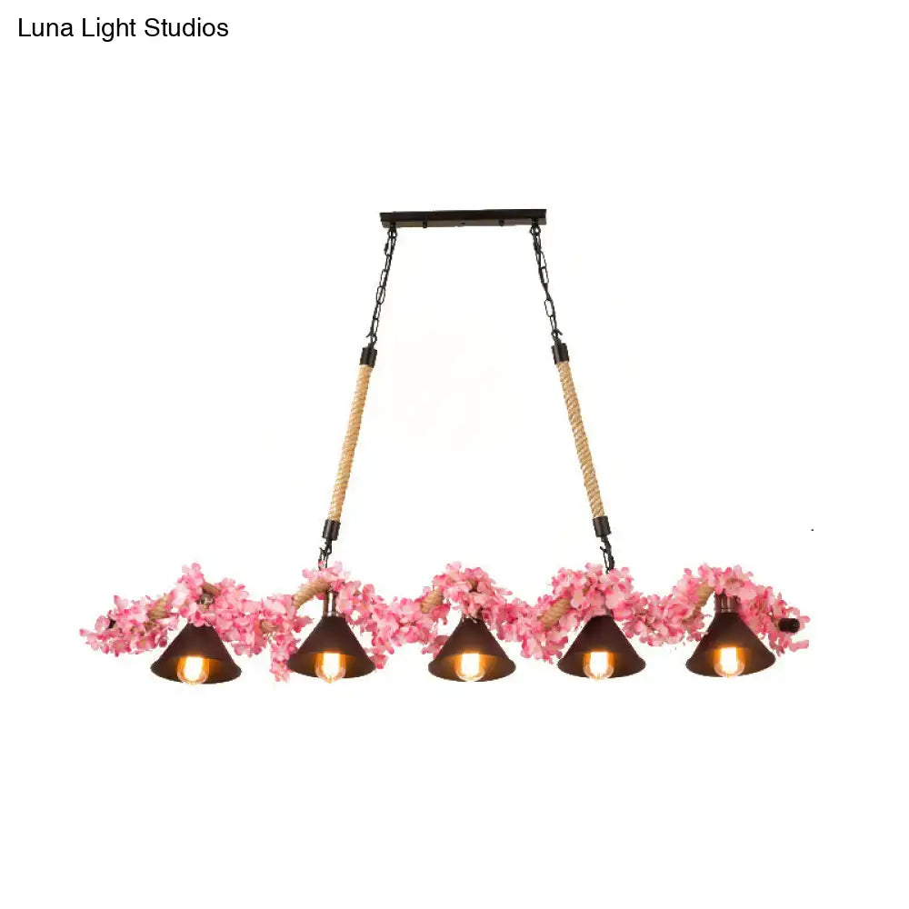 Pink metal decorbites factory conical island pendant light with five dark brown conical shades suspended by rope and chain