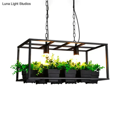 Black metal rectangular DecorBites™ Factory Metallic Island Lamp with integrated led incandescent fluorescent e26 e27 light and four black planters with green foliage in white rectangle design