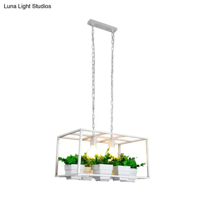 White metal pendant light with rectangular frame and four planters hanging by chains for e26 e27 light use