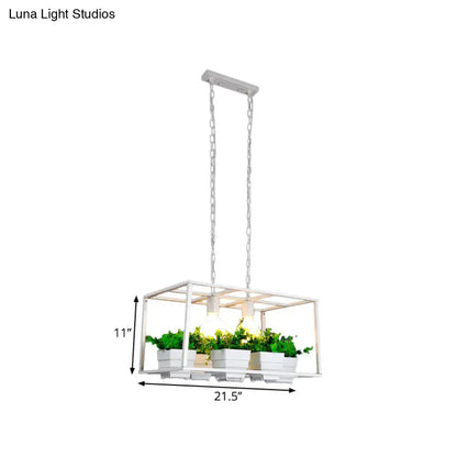 White metal rectangular pendant light with integrated planters featuring green foliage for e26 e27 light use