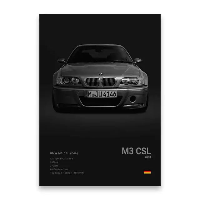 Black and silver bmw m3 csl e46 poster featuring front view on famous cars canvas wall art print for modern decor
