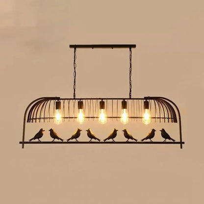 DecorBites farmhouse black wrought iron birdcage ceiling light fixture with five LED filament bulbs and six bird figures