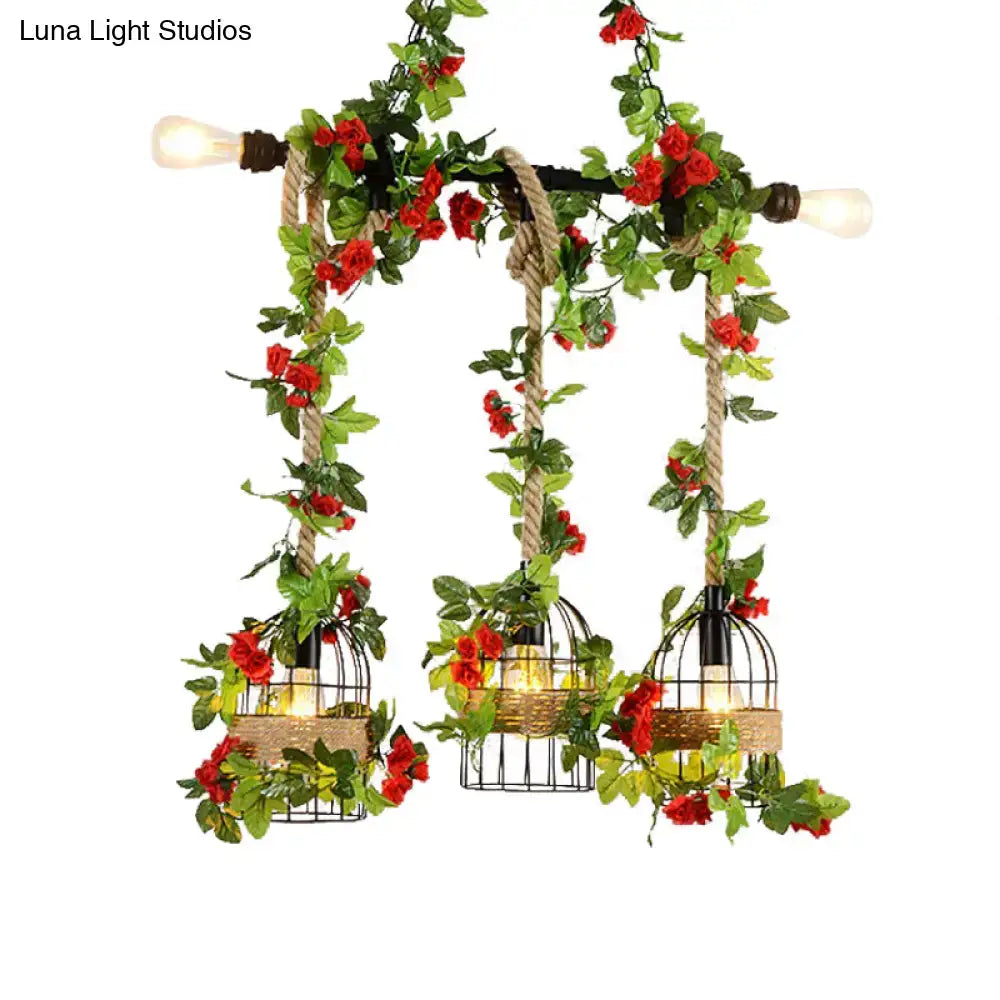 Decorbites farmhouse metal island light pendant with five black metal birdcage heads and rope detail with fake flowers