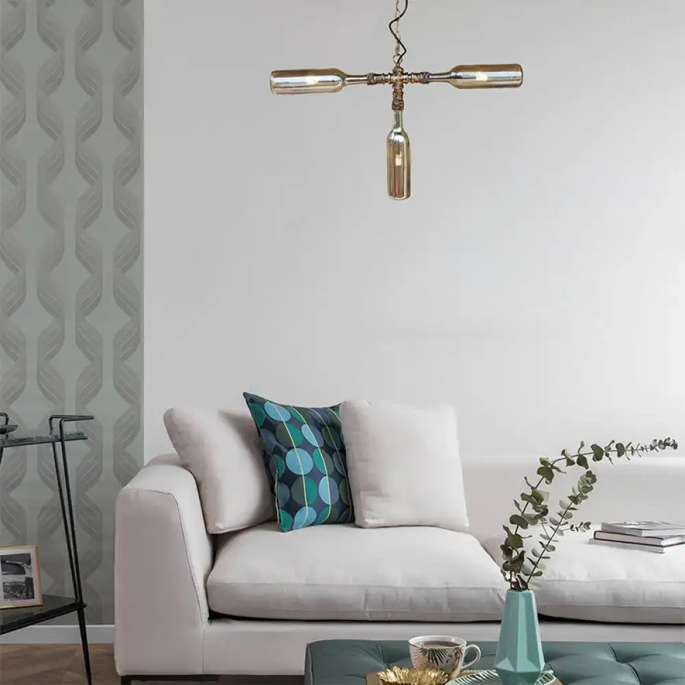 Decorbites farmhouse style smoke gray blue bottle ceiling lighting with aged silver black brass-toned repurposed wine bottle chandelier