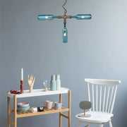 Decorbites farmhouse style smoke gray blue glass bottle chandelier with aged silver black brass hardware hanging lamp