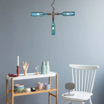 Decorbites farmhouse style smoke gray blue glass bottle chandelier with aged silver black brass hardware hanging lamp