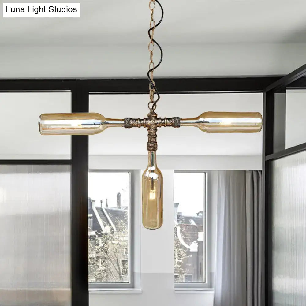 Vintage-style brass-finished chandelier with three amber glass wine bottles in aged silver black farmhouse ceiling lighting