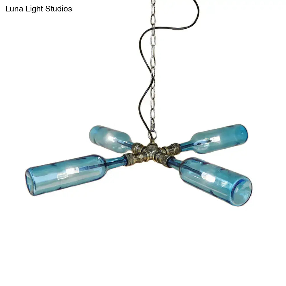 Blue glass bottle chandelier with metallic aged silver black fixture and chain suspension in smoke gray blue tones