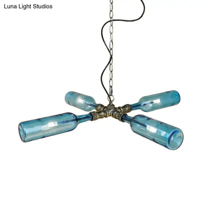Blue glass bottle chandelier with metallic aged silver black fixture and chain suspension in smoke gray blue tones