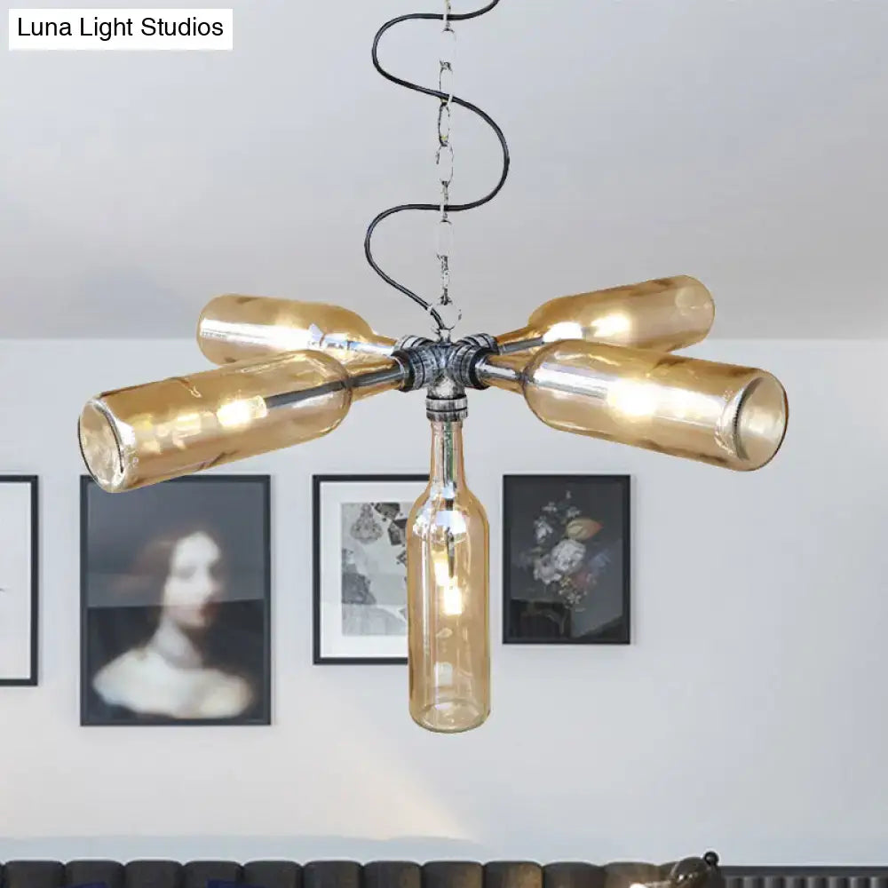 Decorbites farmhouse style amber glass bottle chandelier with aged silver black finish and smoke gray blue accents