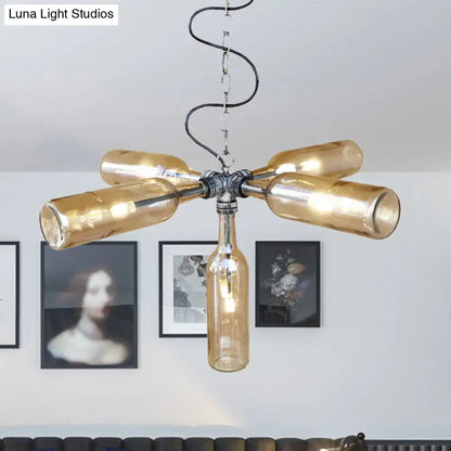 Decorbites farmhouse style amber glass bottle chandelier with aged silver black finish and smoke gray blue accents