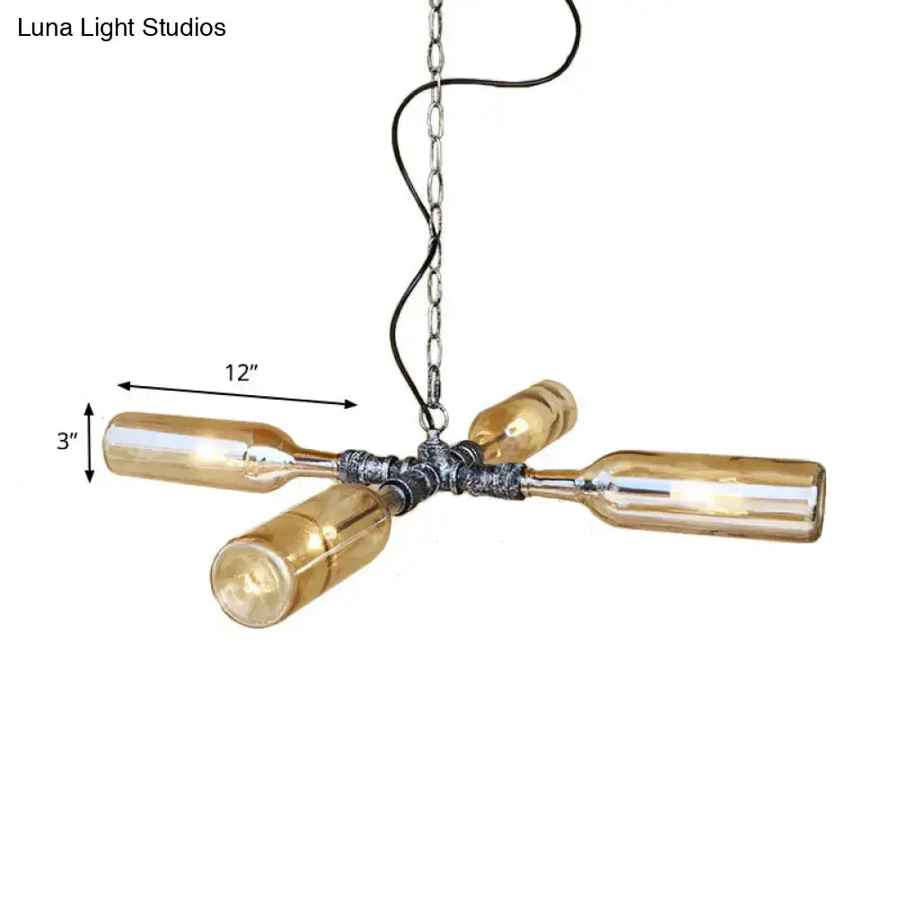Decorbites farmhouse style pendant light with four amber glass bottles in aged silver black metal fittings smoke gray blue