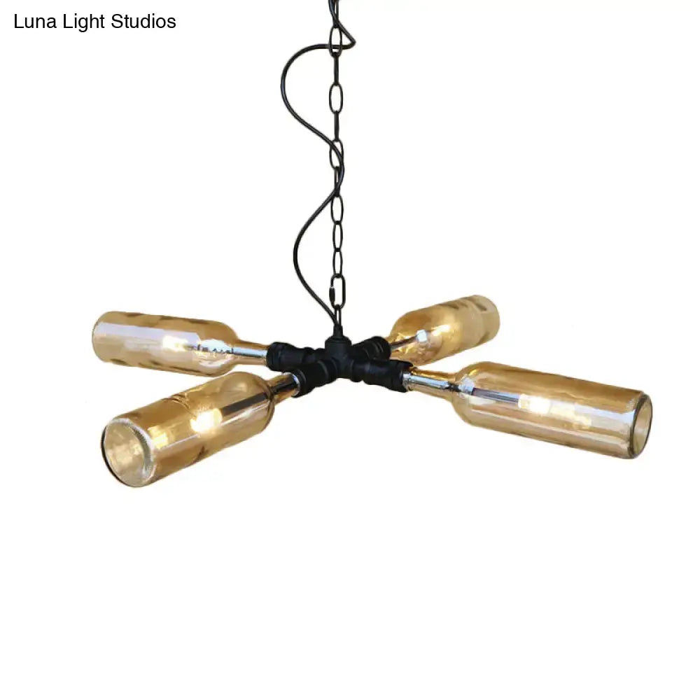 Decorbites farmhouse style chandelier with four amber glass bottles on aged silver black metal frame and ornate chain suspension