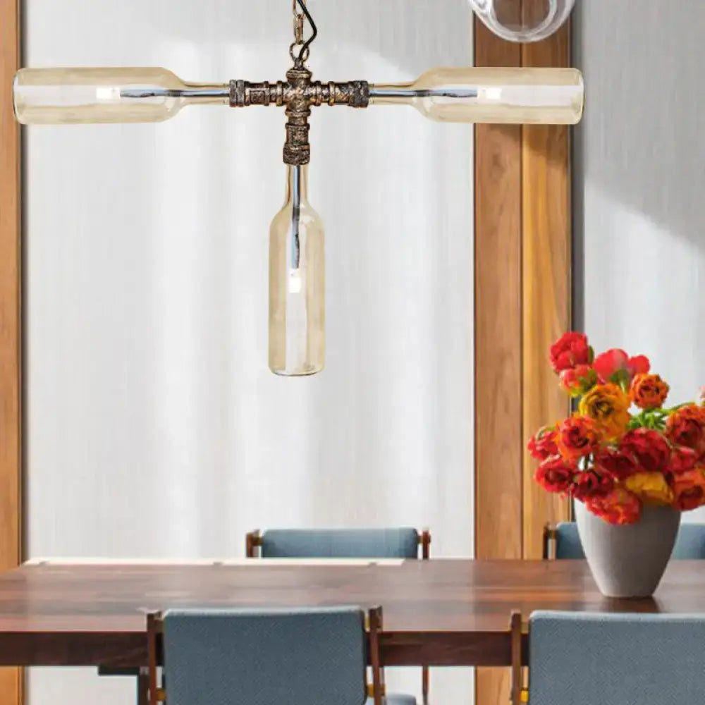 Decorbites farmhouse style pendant light with aged silver black finish and smoke gray blue amber glass bottles