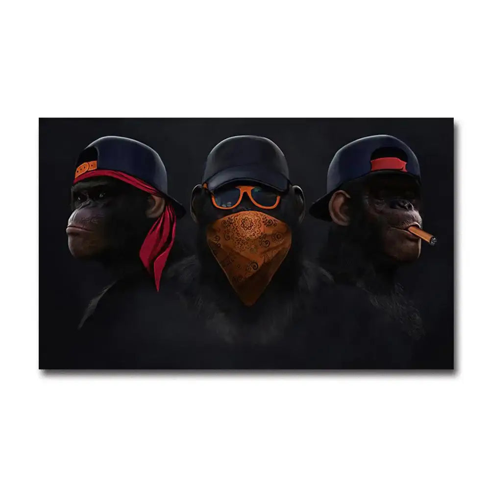 Black canvas monkey wall art featuring three stylized gangster chimpanzees with unique headwear and accessories