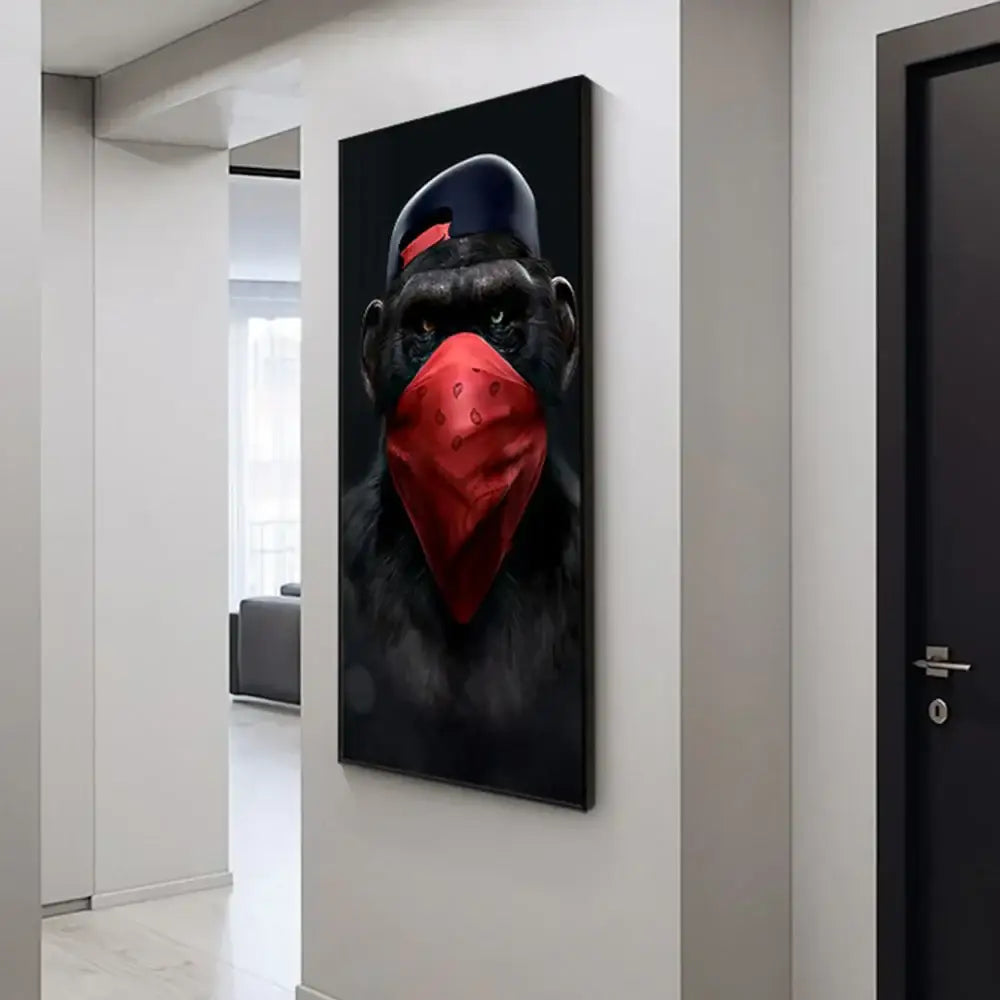 Black-framed canvas monkey wall art by DecorBites featuring a gorilla with navy cap and red bandana for premium decor