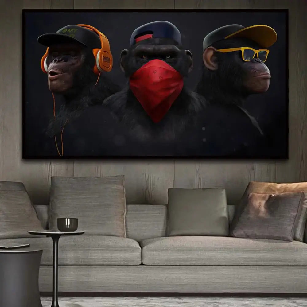 Black-framed canvas monkey wall art featuring three hip-hop style chimpanzees with colorful accessories by DecorBites™
