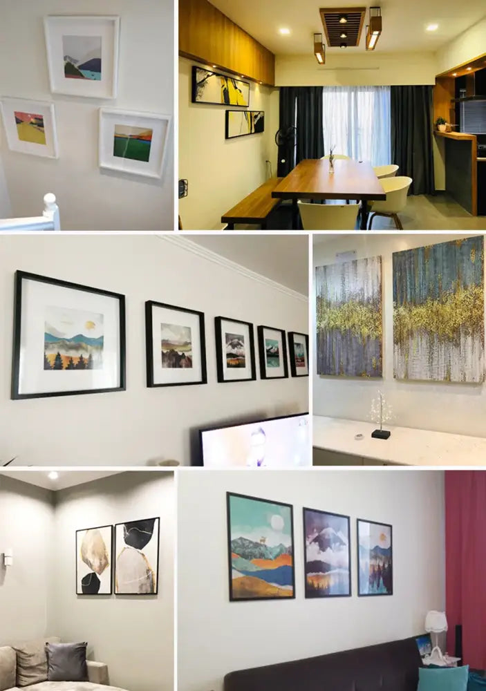 Decorbites™ fashionable monkey wall art featuring black frames with colorful mountain scenes and gold accents