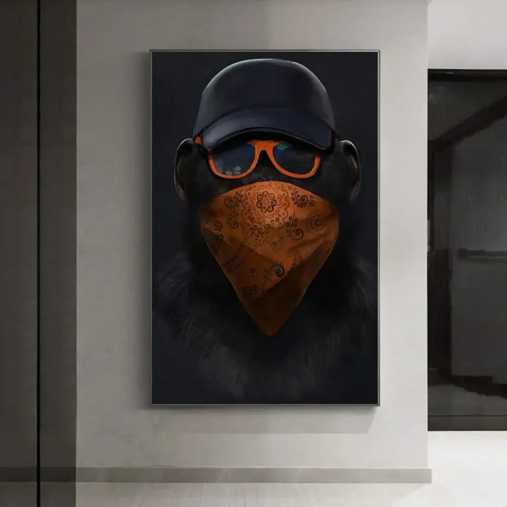 A framed canvas print of DecorBites™ monkey wall art featuring a black monkey with orange bandana and navy cap