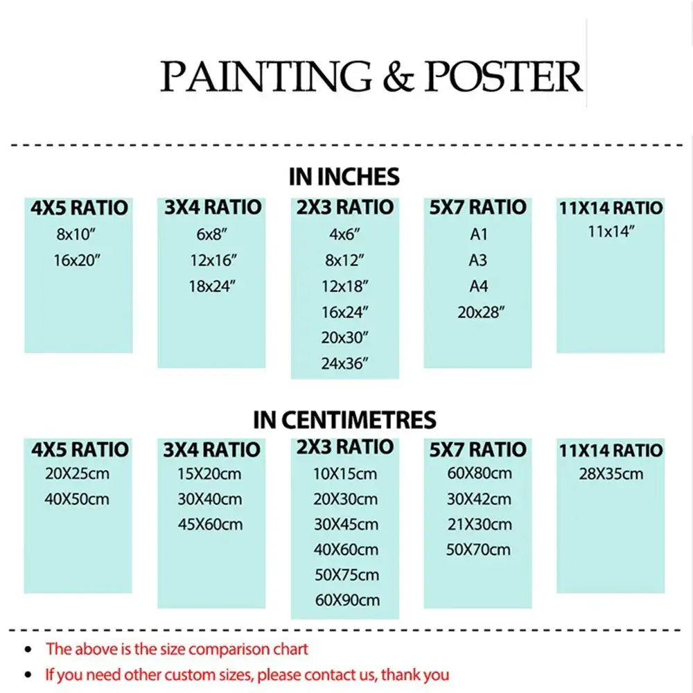 Size comparison chart in inches and centimeters for DecorBites™ fashionable monkey wall art in various aspect ratios