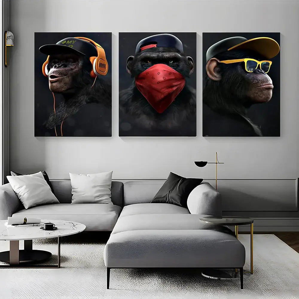 Three-panel monkey wall art with stylized chimpanzees in hip-hop fashion featuring headphones bandana and sunglasses