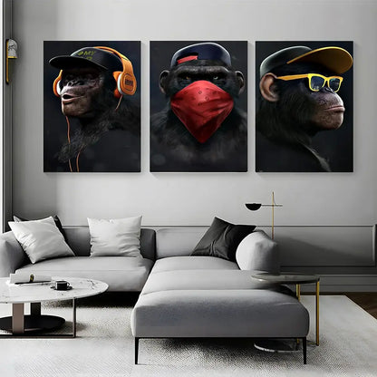 Three-panel monkey wall art with stylized chimpanzees in hip-hop fashion featuring headphones bandana and sunglasses