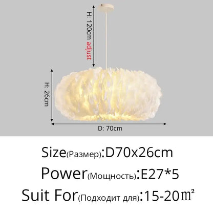 Decorbites feather decor led chandelier white bedroom pendant light with soft fluffy feather shade and adjustable height