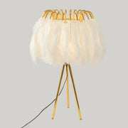Elegant gold tripod table lamp with voluminous white feather night light shade compatible with 220v-240v and led bulbs