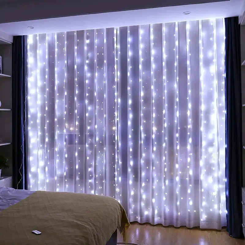 White LED fairy lights curtain set by DecorBites™ glowing softly on sheer fabric available in 6x3m and 3x3m sizes