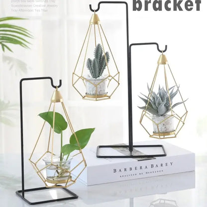 Gold geometric hanging metal vase with black metal stands by DecorBites for elegant home decor flamingo metal vase display