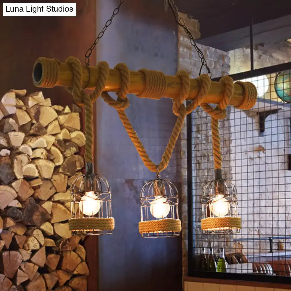 DecorBites™ flaxen retro birdcage ceiling light with cast iron frame and hemp rope suspension for island lighting