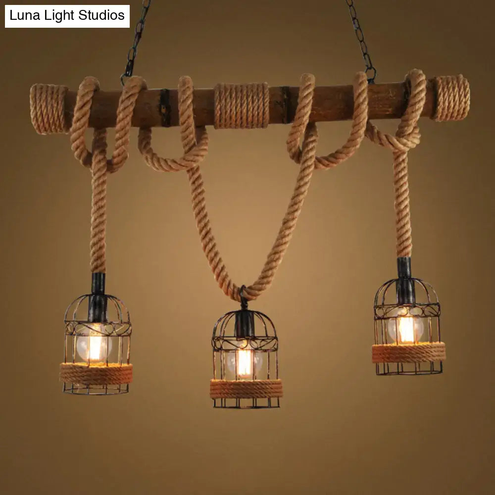 Decorbites flaxen retro birdcage ceiling light with hemp rope and cast iron black metal lanterns suspended from wooden beam